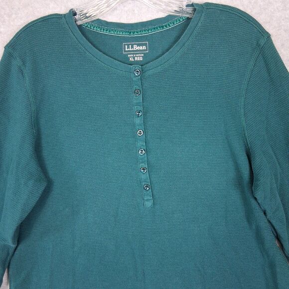 L.L. Bean Womens XL Waffle Knit Henley Top Shirt Green Layering Basic Stretch - Picture 5 of 10